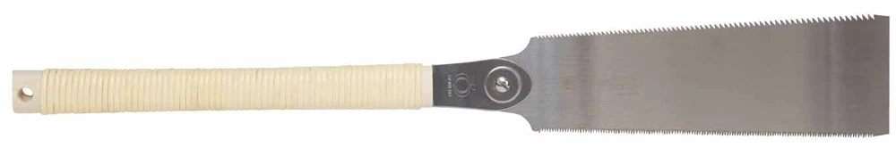 Maplewoodshop photograph of a double-edged pull saw with a long handle and thin metal blade.