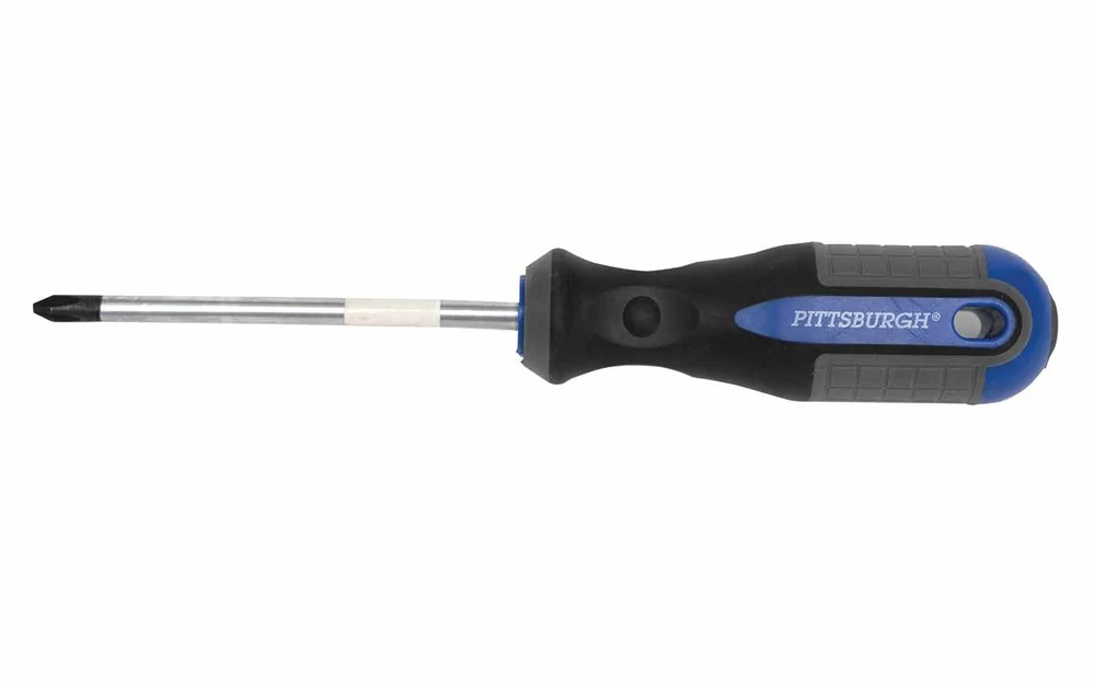 Maplewoodshop photograph of a screwdriver with a blue handle, metal shaft, and cross-shaped tip.